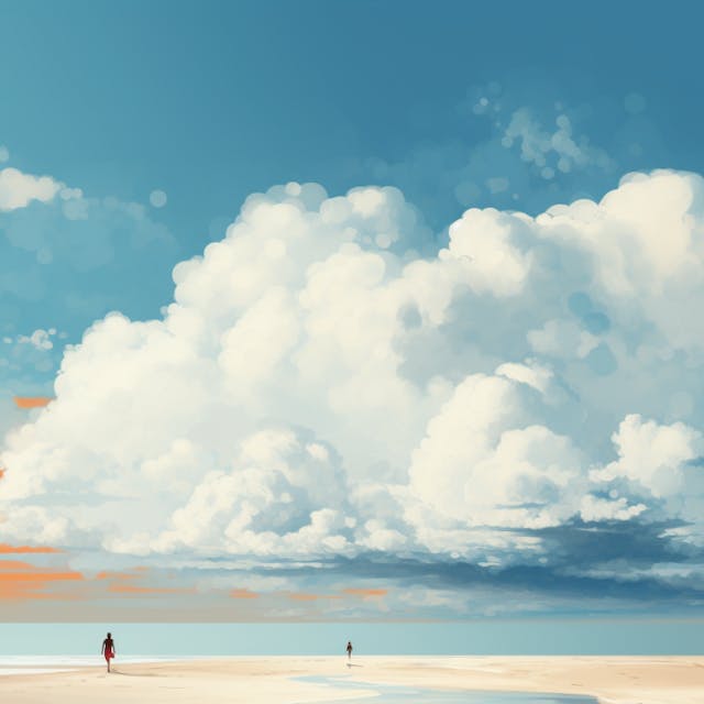 Illustration: Strand, Meer, Wolken, zwei Menschen gehen am Wasser entlang