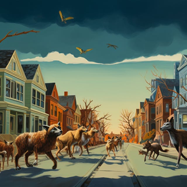 Illustration: Wildtiere laufen über eine Straße in einem Wohngebiet.