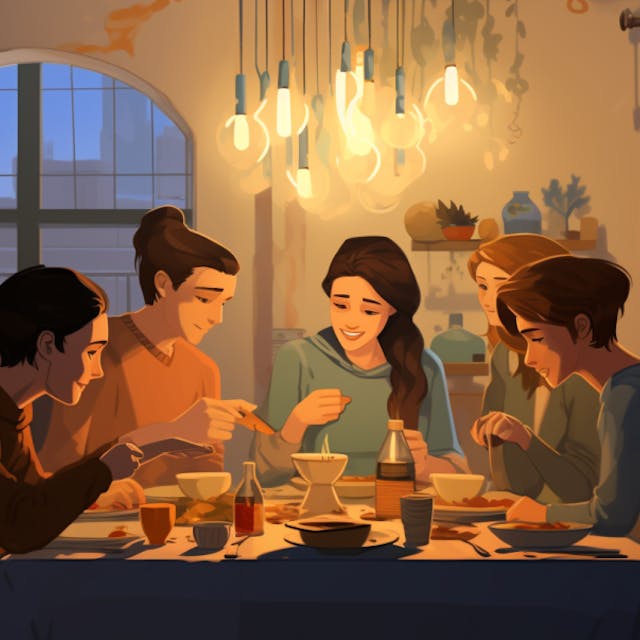 Fünf Menschen sitzen an einem Esstisch, Illustration