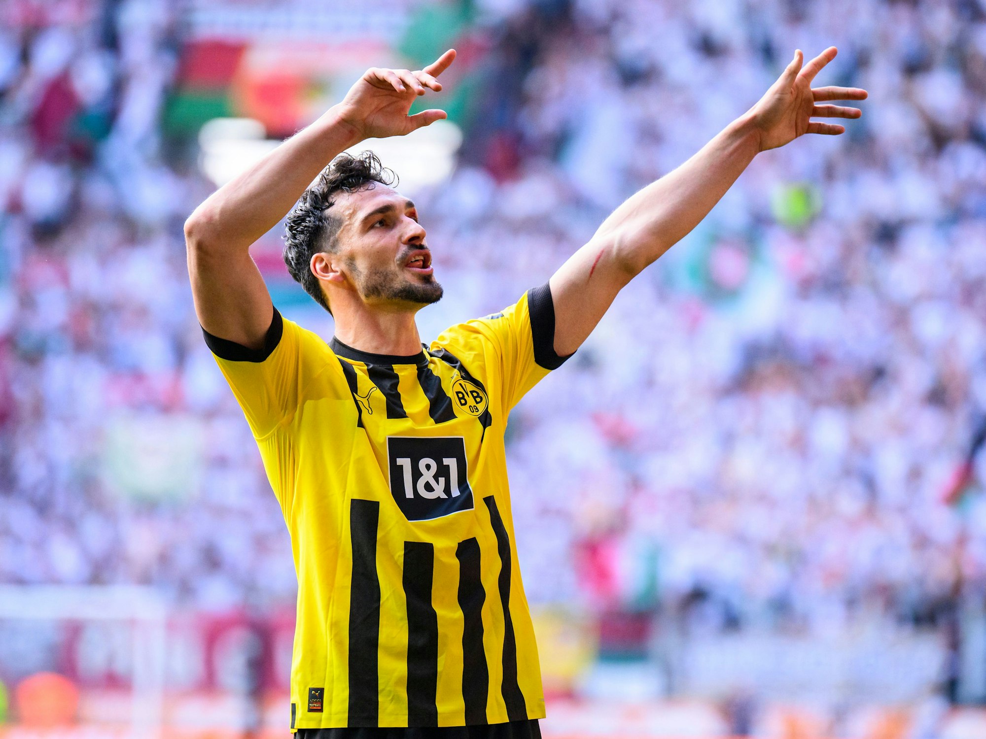 Dortmunds Mats Hummels jubelt nach dem Spiel, reißt die Arme in die Luft.