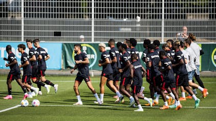 Fußball-Profis von Bayer Leverkusen laufen in der Gruppe über den Rasen.
