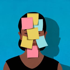 Illustration einer Frau, auf deren Gesicht sieben Notizzettel kleben