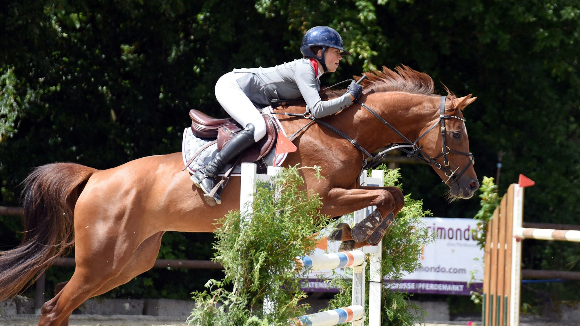 Die Reiterin Jona Jolie Schwamborn überspringt mit ihrem Pferd ein Hindernis.