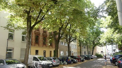 Eine Straße in Ehrenfeld mit Bäumen und geparkten Autos.