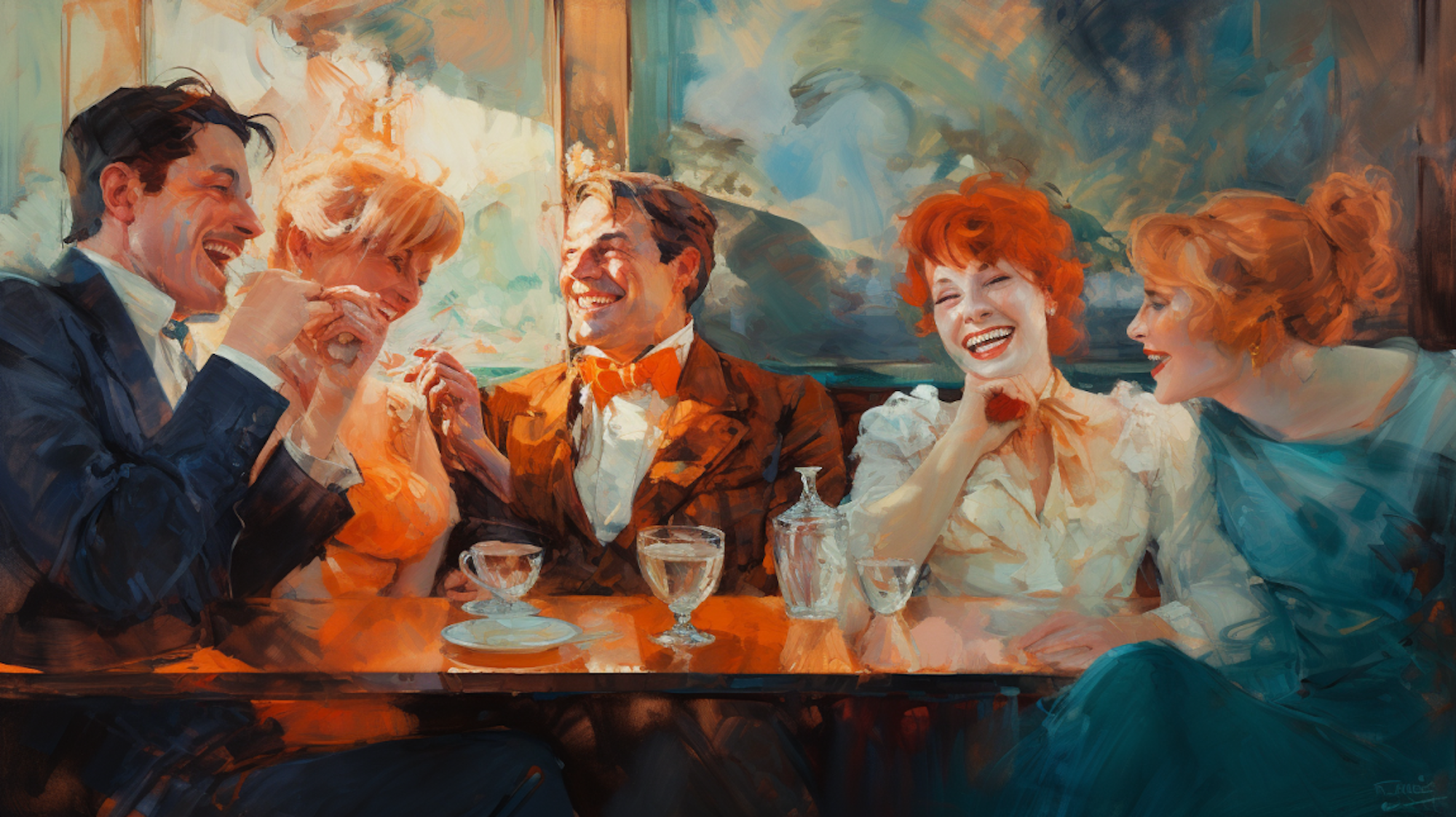 Illustration: Fünf lachende Menschen sitzen um einen Tisch herum.