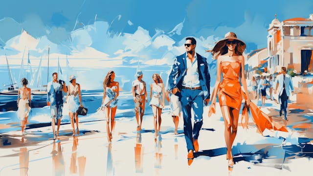 Illustration: Modisch gekleidete Menschen gehen auf einer Strandpromenade spazieren.