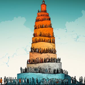 Illustration: Turm zu Babel, Menschen schlängeln sich den Turm hoch.