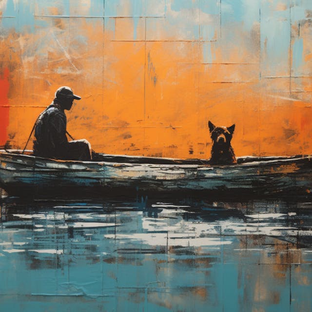 Illustration: Ein Mann und ein Hund treiben in einem defekten Boot auf dem Meer.
