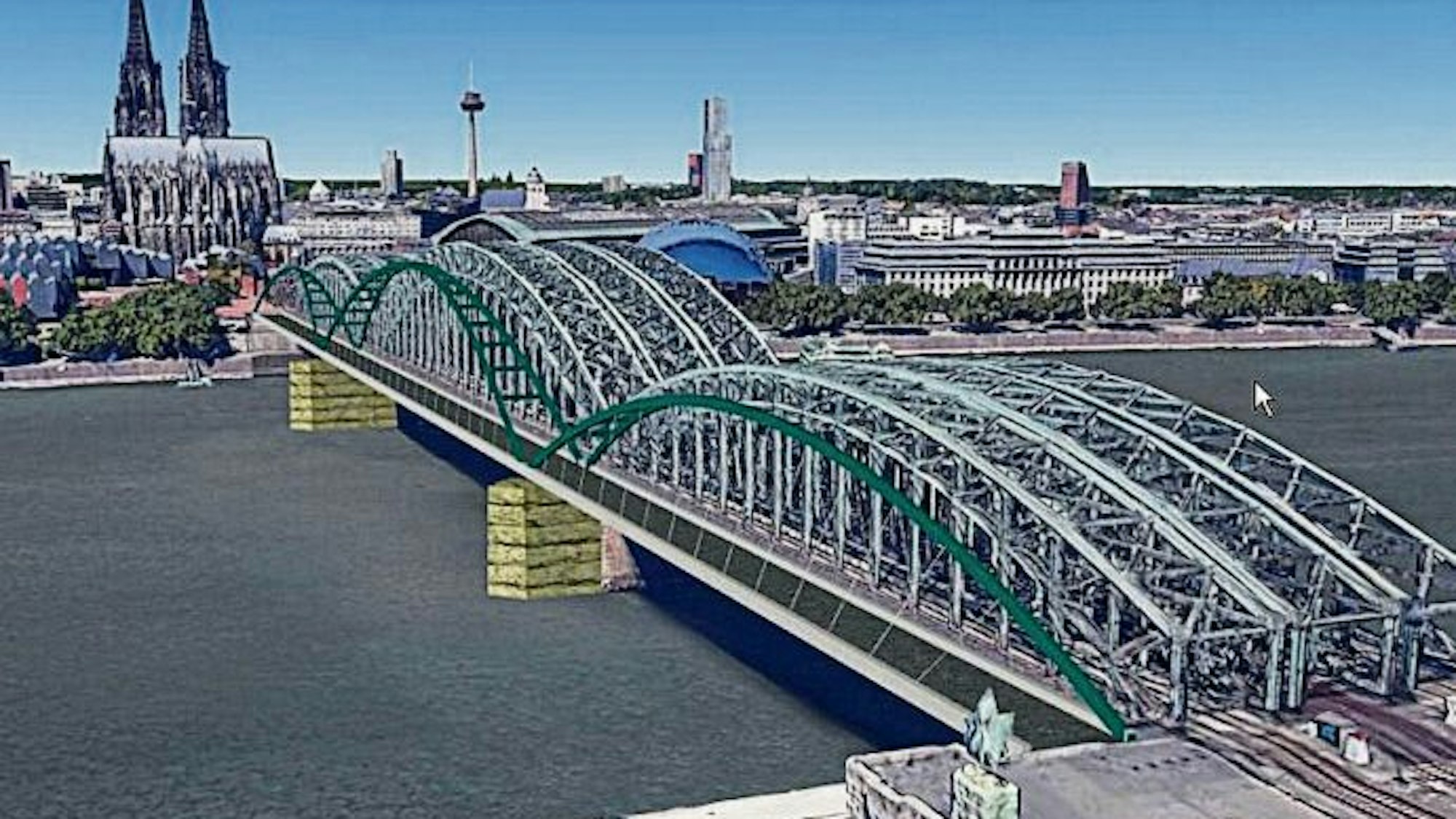 Visualisierung der Hohenzollernbrücke mit einer angebauten breiten Fahrrad- und Fußverkehr-Spur.