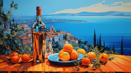 Illustration: Stillleben mit Tomaten und Olivenöl vor italienischer landschaft