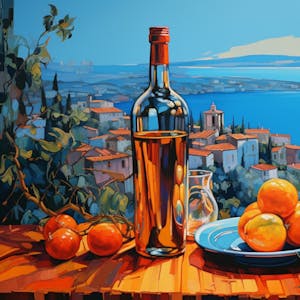 Illustration: Stillleben mit Tomaten und Olivenöl vor italienischer landschaft