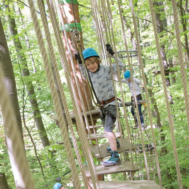 Ein wagemutiger, gut gesicherter Junge hangelt sich in luftiger Höhe zwischen Bäumen von Holzpodest zu Holzpodest.