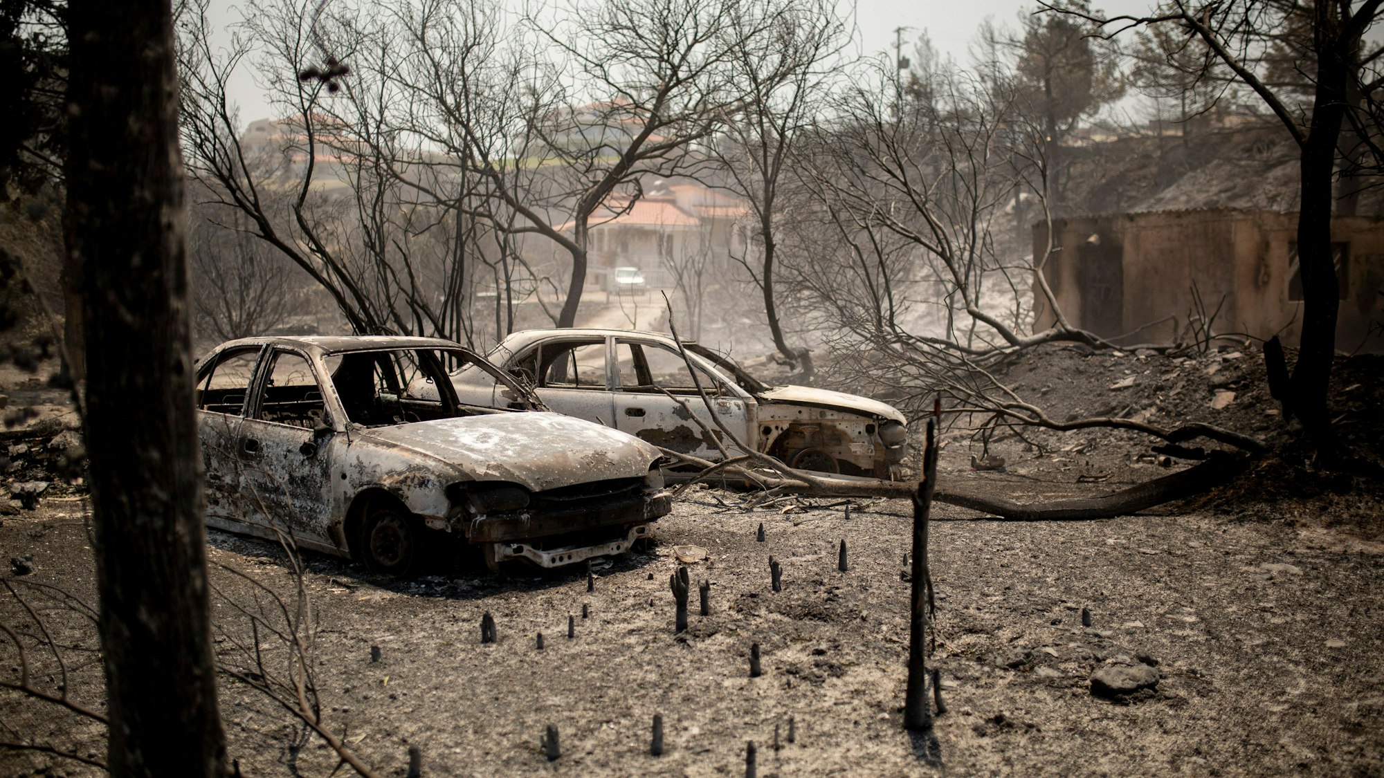 Verbrannte Autos stehen nach einem Waldbrand im Dorf Kiotari. Auf Rhodos und in anderen Teilen Griechenlands toben als Folge einer enormen Hitzewelle Waldbrände.