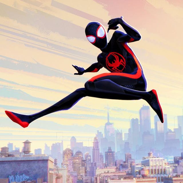 Ein leicht reduktionistisch animierter Spiderman hüpft am Himmel entlang, im Hintergrund die Silhouette New Yorks.
