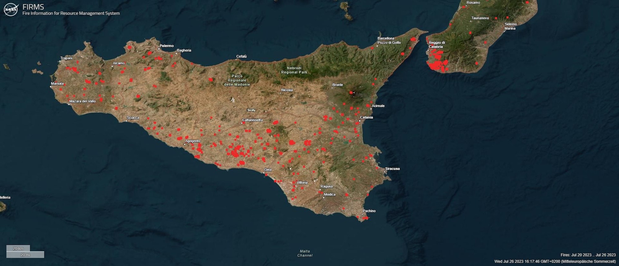 Daten der NASA zeigen Waldbrände auf Sizilien der vergangenen sieben Tage.