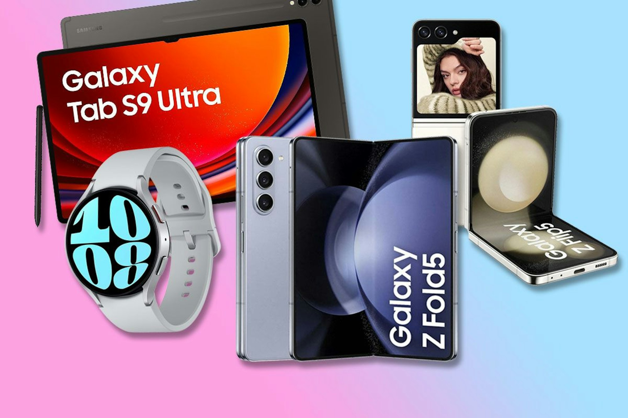 Bilder von Samsung Galaxy Watch6, Galaxy Z Fold5, Galaxy Z Flip5 Smartphone, Galaxy Tab S9 Ultra.