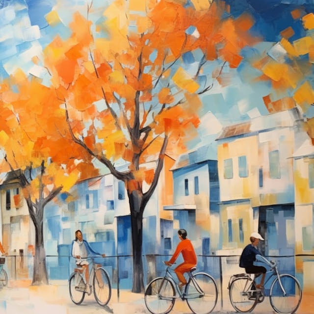 Illustration: Menschen fahren mit dem Fahrrad über eine Allee, im Hintergrund Häuser