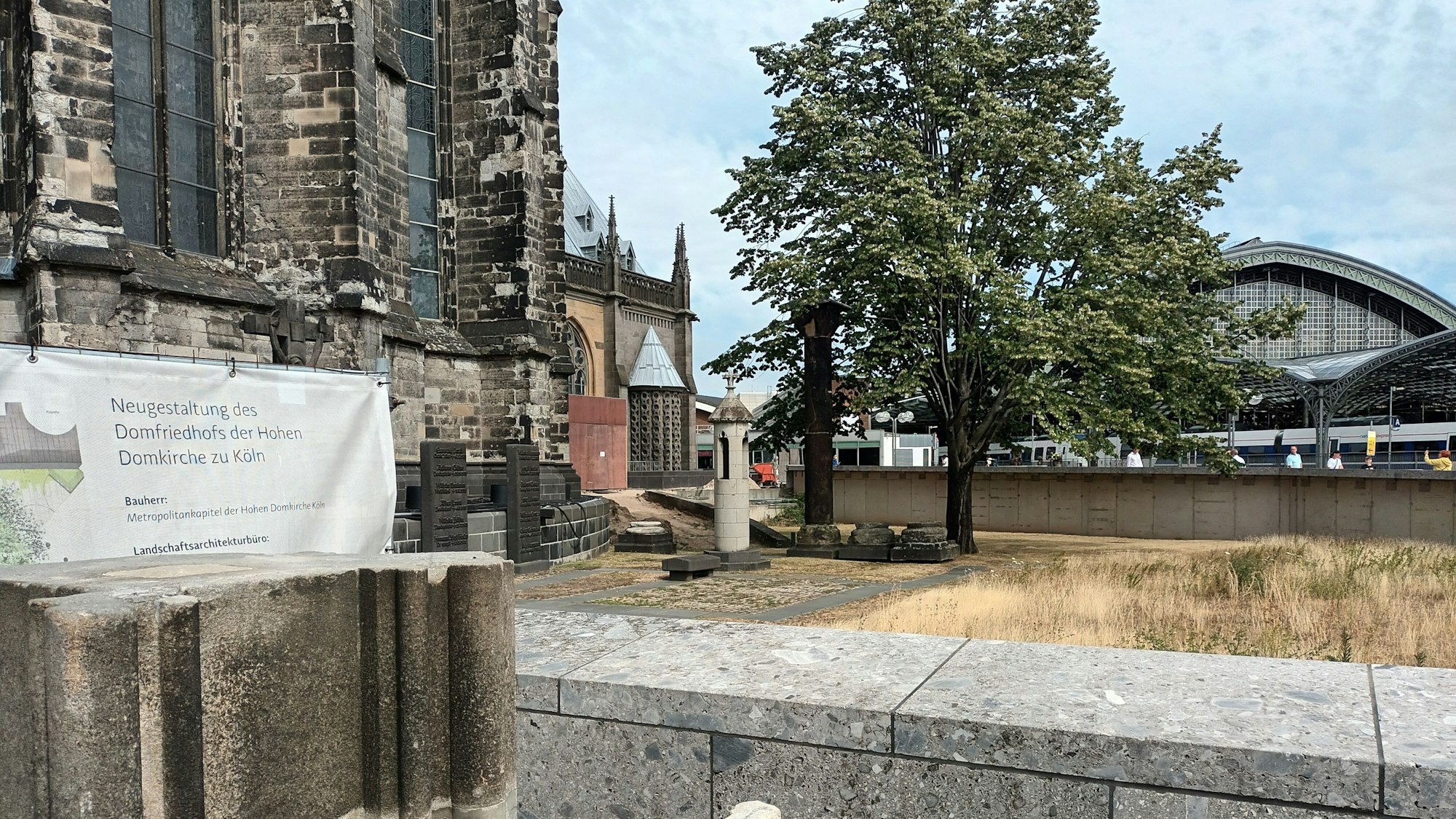 Der Domfriedhof präsentiert sich als unaufgeräumte Fläche mit verdorrtem, langem Grasbewuchs. Links informiert eine Plane über die „Neugestaltung des Domfriedhofs der Hohen Domkirche zu Köln“.
