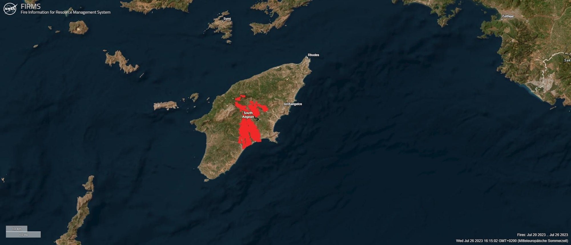 Daten der NASA zeigen Waldbrände auf Rhodos der vergangenen sieben Tage.
