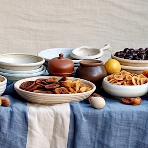 Illustration: Tisch mit Leinentischdecke und Schalen mit Trockenobst.