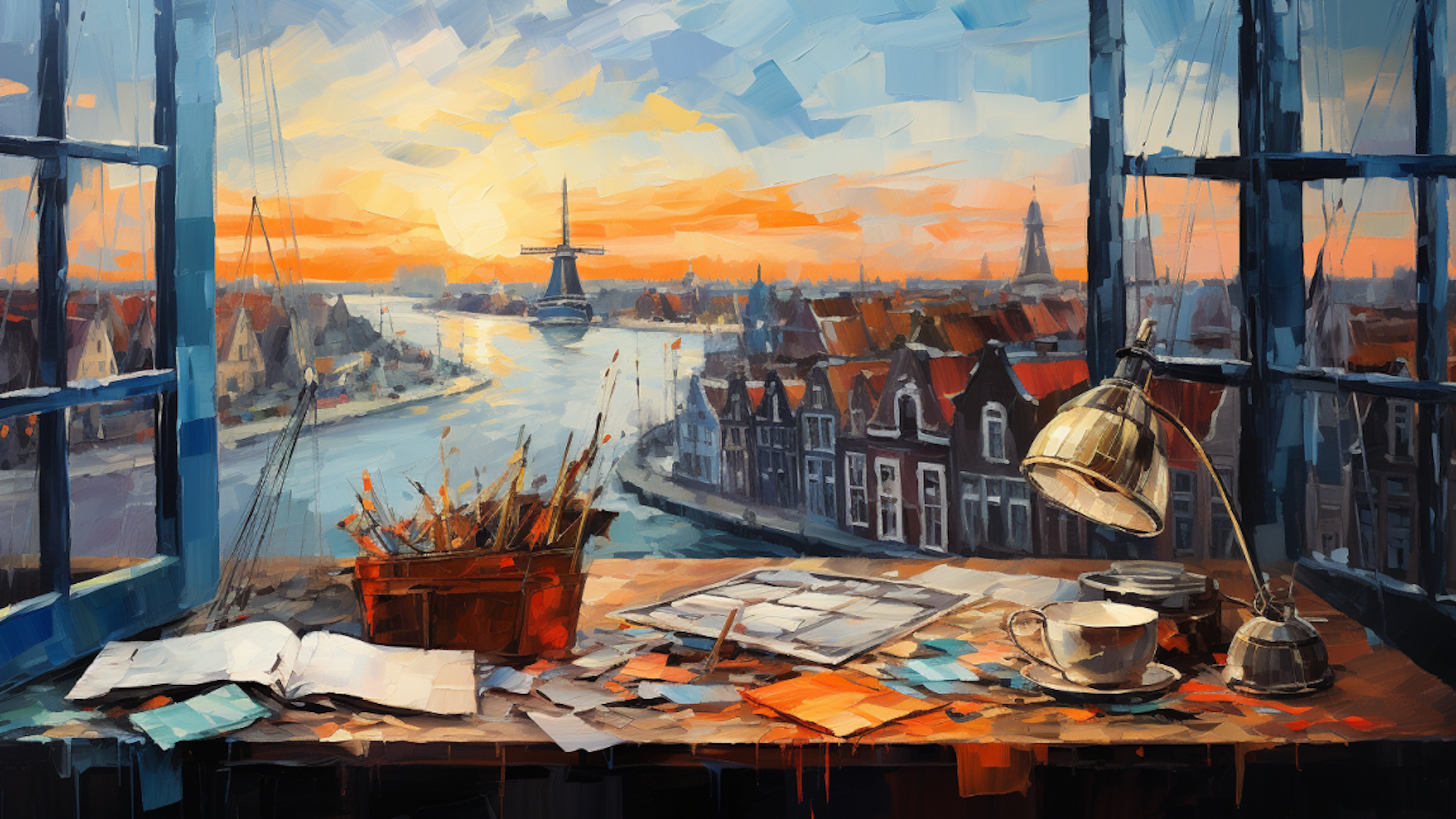 Illustration: Schreibtisch mit Büchern und Stiften vor offenem Fenster. Draußen ist ein von niederländischen Häusern und einer Windmühle gesäumter Fluss zu sehen.