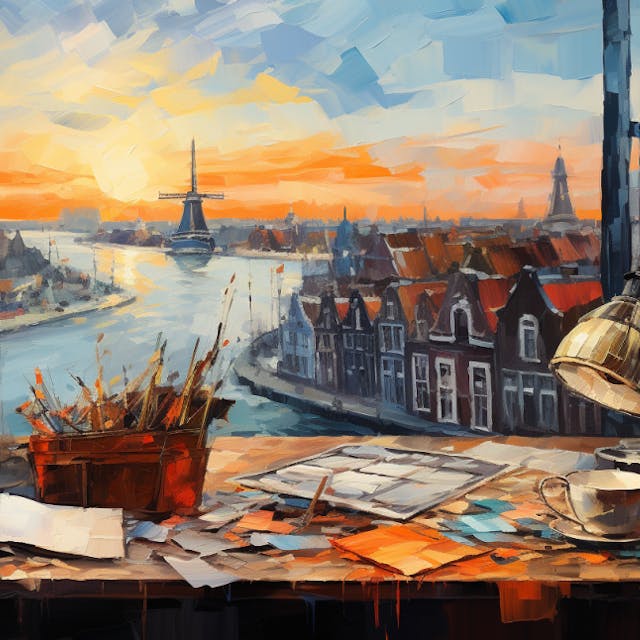 Illustration: Schreibtisch mit Büchern und Stiften vor offenem Fenster. Draußen ist ein von niederländischen Häusern und einer Windmühle gesäumter Fluss zu sehen.