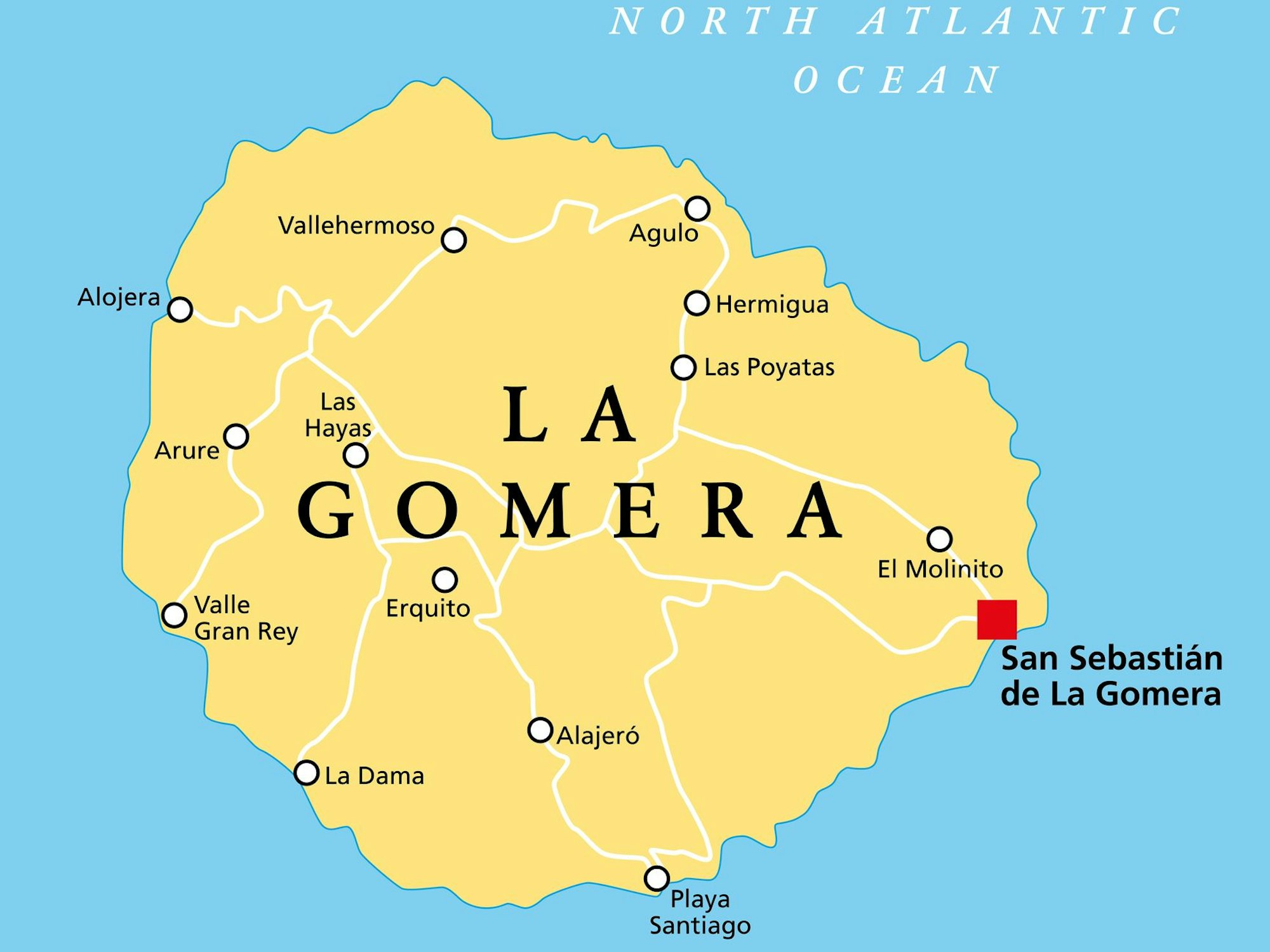 Karte von La Gomera mit wichtigen Städten.