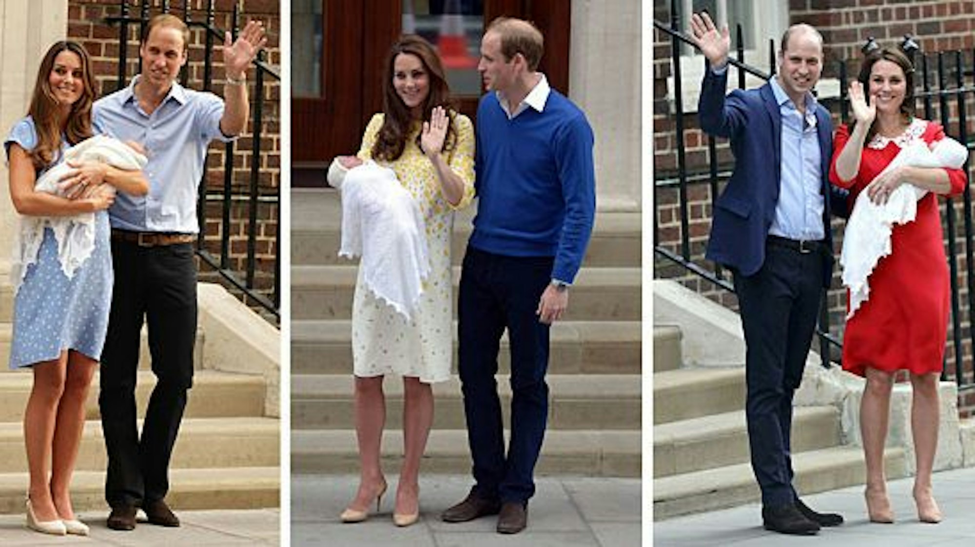 Prinz William und Herzogin Kate verlassen mit ihrem jeweils neugeborenen Kind das St. Mary's Hospital (l-r): (Prinz George), (Prinzessin Charlotte) und am (Prinz Louis).