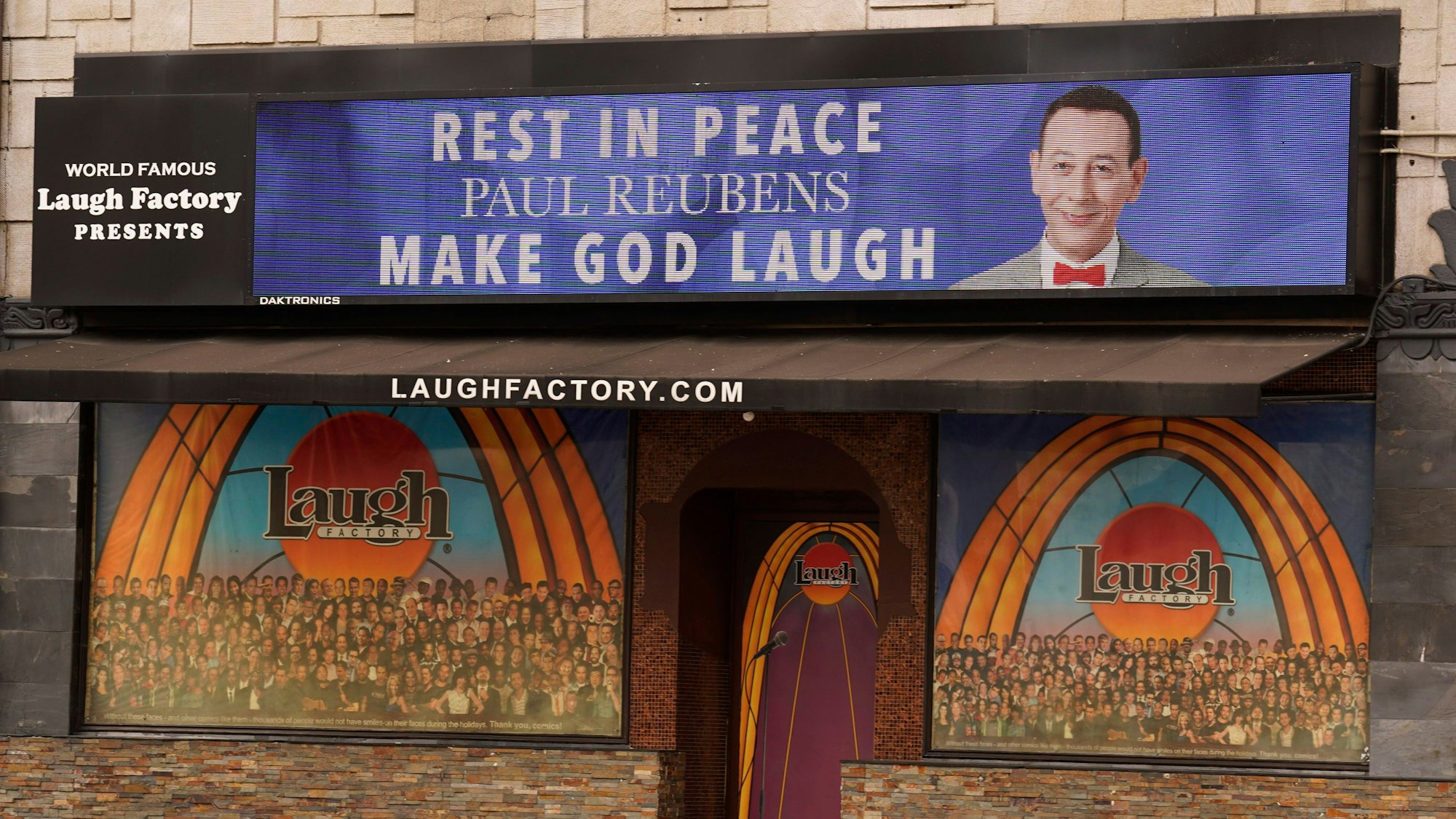 A tribute to the late actor and comedian Paul Reubens is pictured on the marquee of the Laugh Factory comedy club, Monday, July 31, 2023, in Los Angeles. Reubens died Sunday night after a six-year struggle with cancer. (AP Photo/Chris Pizzello)