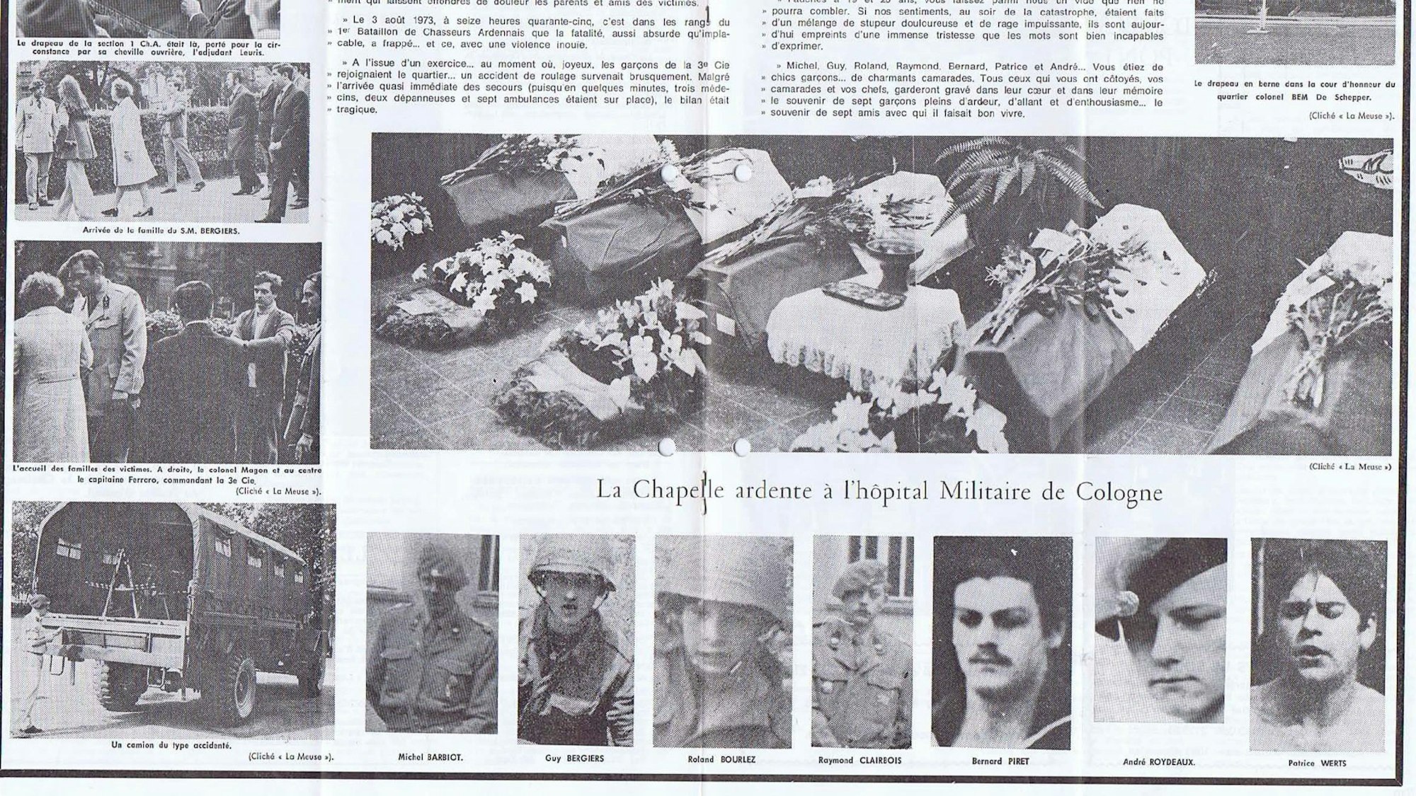 Ausführlich berichtete die belgische Regimentszeitschrift über das Unglück in Spich. Sie zeigte Eindrücke von der Trauerfeier, eine Abbildung des verunglückten Mannschaftswagens und die Fotos aller sieben ums Leben gekommenen Soldaten.