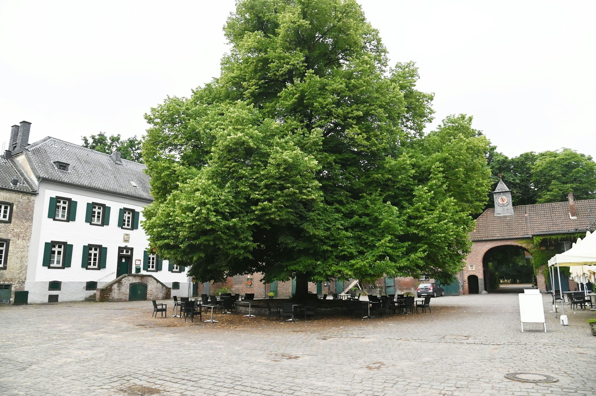 Blick in den Innenhof von Gut Leidenhausen. In der Mitte stehen Tische und Bänke unter einem großen Baum.
