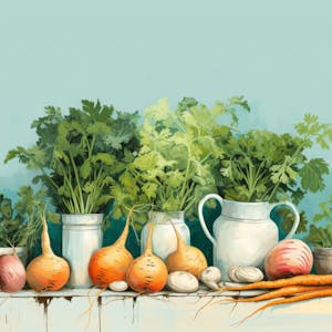 Illustration: Gemüse und Kräuter auf einem tisch