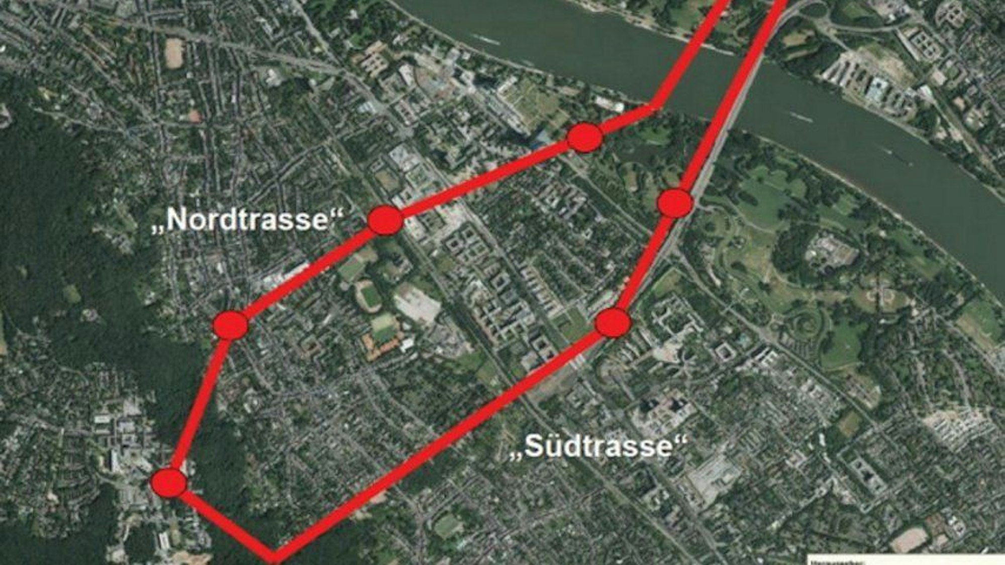 Eine Karte zeigt die geplante Trasse für das Seilbahnprojekt in Bonn.
