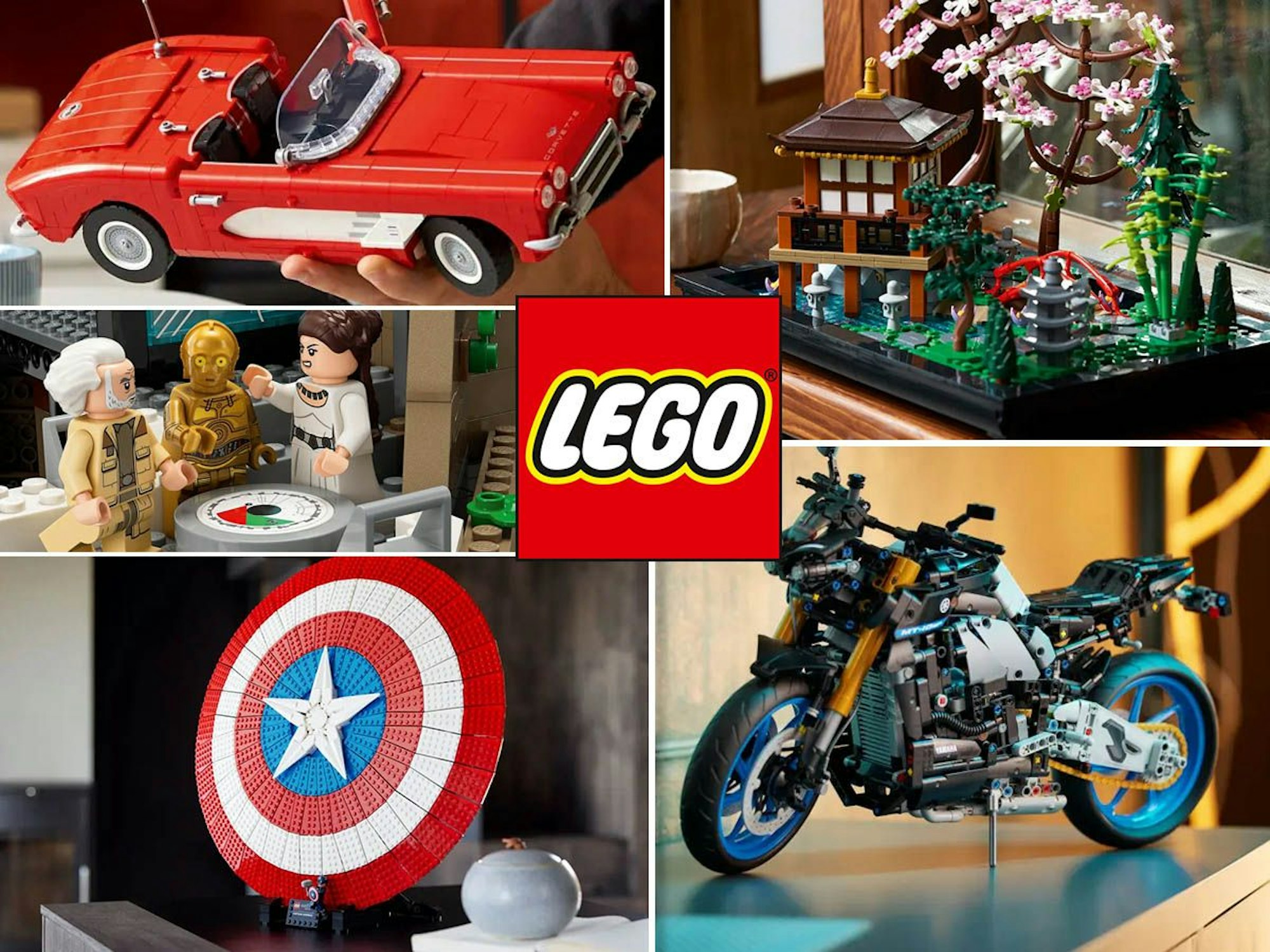 Produktbilder der Lego Neuheiten August 2023: Lego Batmans Batmobil (76224), Lego Star Wars Rebellenbasis auf Yavin 4 (75365), Captain Americas Schild (76262), die Lego Icons Chevrolet Corvette (10321), der Garten der Stille (10315) und die Lego Technic Yamaha MT-10 SP (42159).