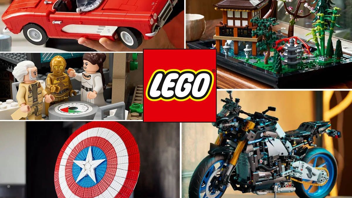 Produktbilder der Lego Neuheiten August 2023: Lego Batmans Batmobil (76224), Lego Star Wars Rebellenbasis auf Yavin 4 (75365), Captain Americas Schild (76262), die Lego Icons Chevrolet Corvette (10321), der Garten der Stille (10315) und die Lego Technic Yamaha MT-10 SP (42159).