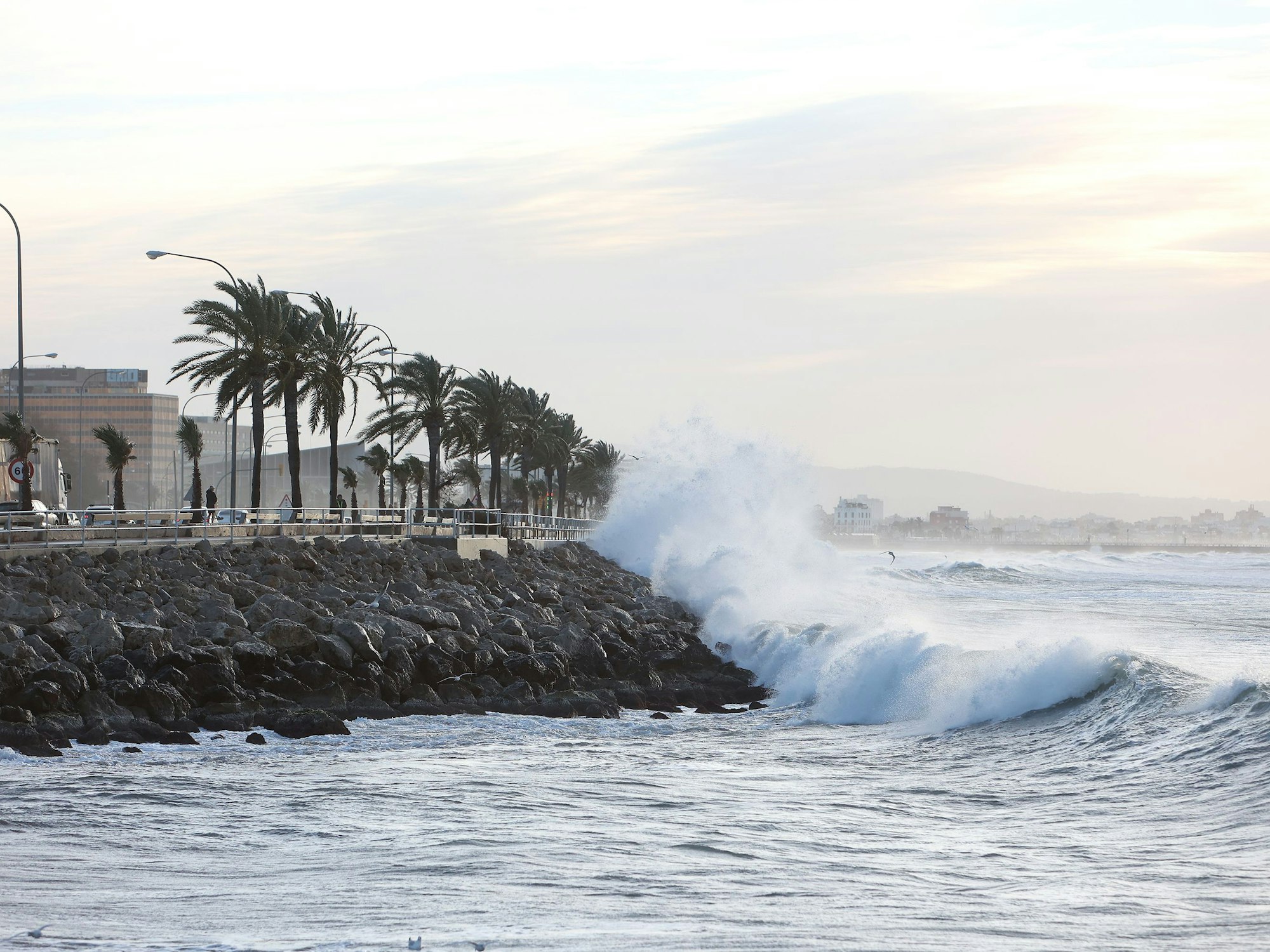 Große Wellen schlagen gegen die Küste von Palma de Mallorca, hier im Januar 2023.