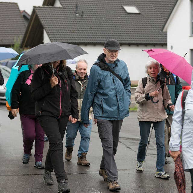 Mit Regenschirm und Regenjacken ausgerüstet trotzen die Wanderfreunde dem Regen.