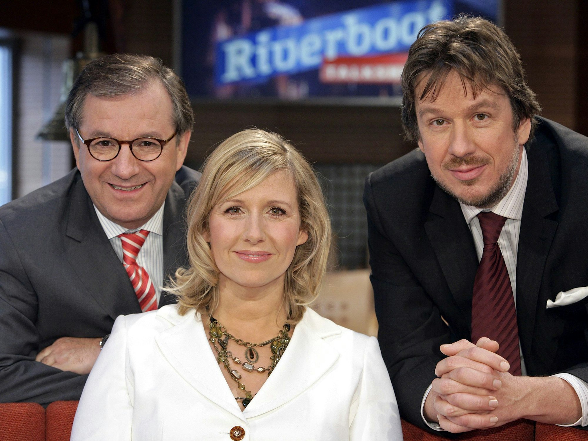 Das neue Moderatorenteam der MDR Talkshow "Riverboat" Jan Hofer, Andrea Kiewel und Jörg Kachelmann (vl).