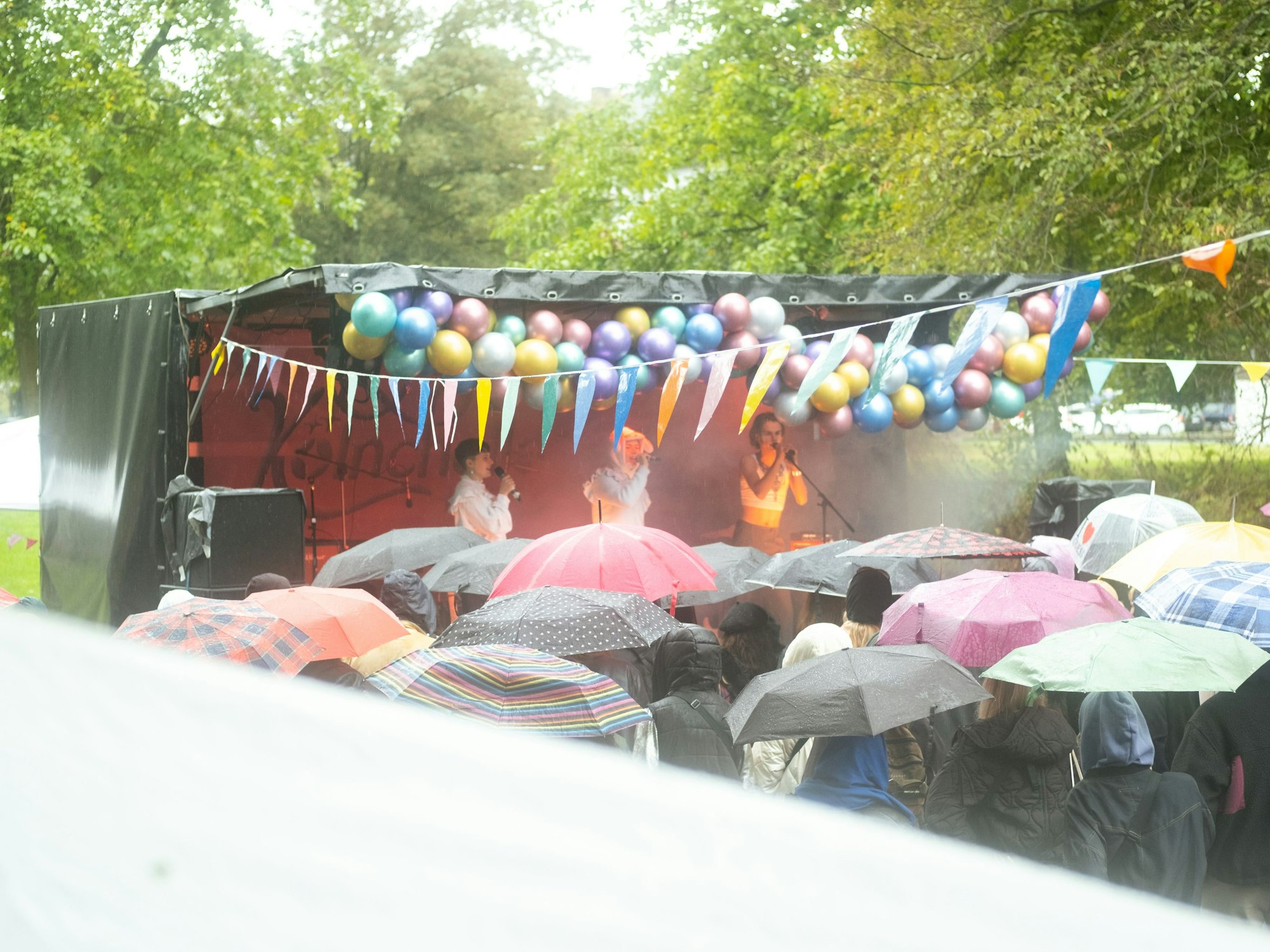 Menschen stehen beim Kölnchella Festival draußen vor der Bühne