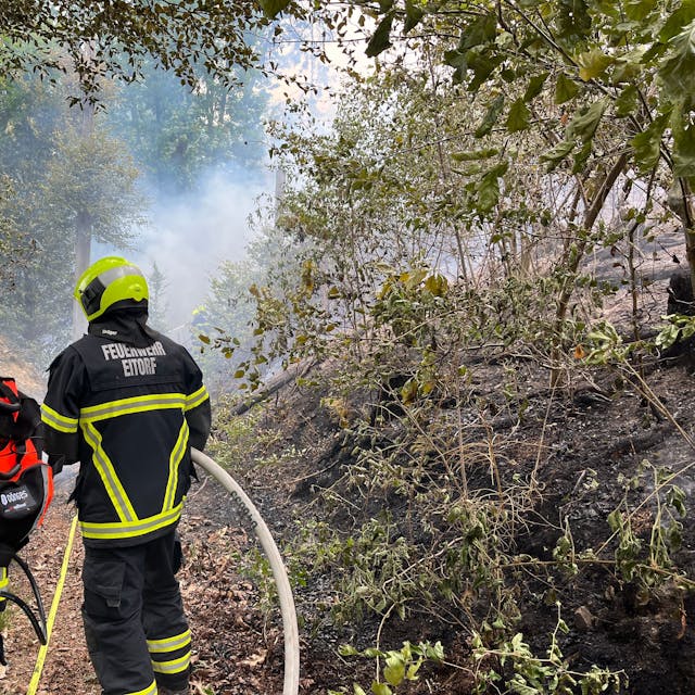 Zwei Einsatzkräfte, die den Schriftzug der Eitorfer Feuerwehr auf dem Rücken tragen, spritzen aus Schläuchen Wasser in den brennenden Wald.&nbsp;
