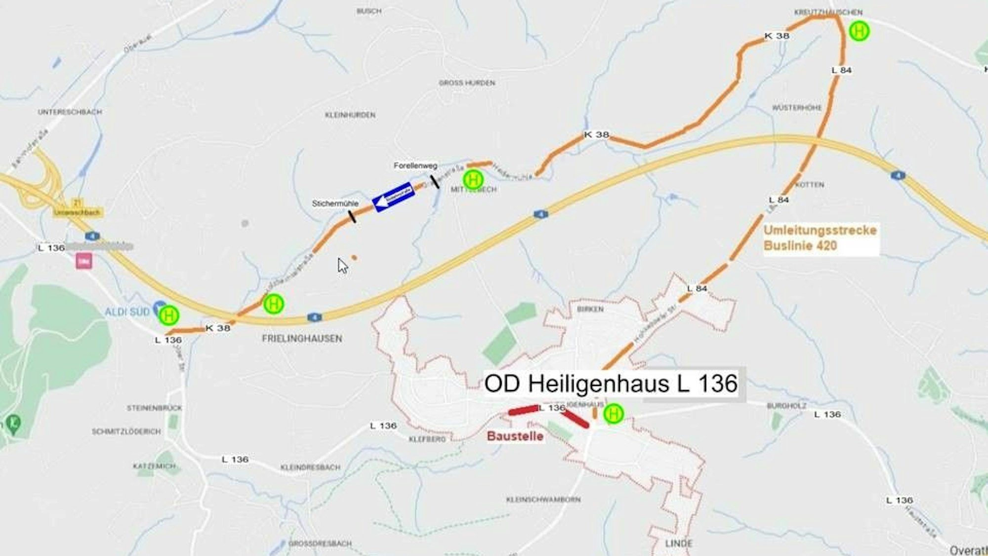 Eine Karte zeigt die Umleitungsstrecke für Busse, die von Heiligenhaus über Kreutzhäuschen und durchs Holzbachtal ins Overather Sülztal fahren.