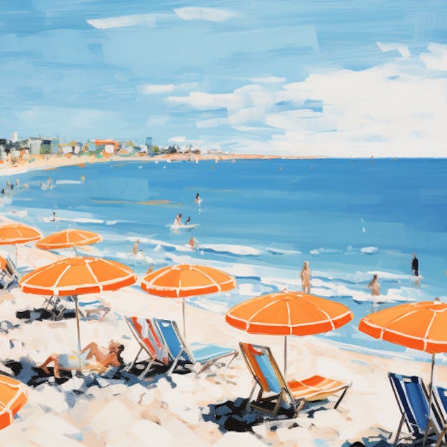 Illustration: Strandliegen und Sonnenschirme an einem italienischen Strand