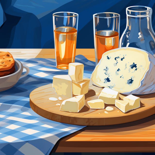 Illustration: Käse und Salzgebäck auf einer Tischdecke mit blau-weißem Karomuster