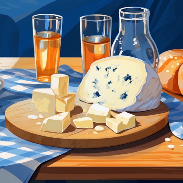 Illustration: Käse und Salzgebäck auf einer Tischdecke mit blau-weißem Karomuster