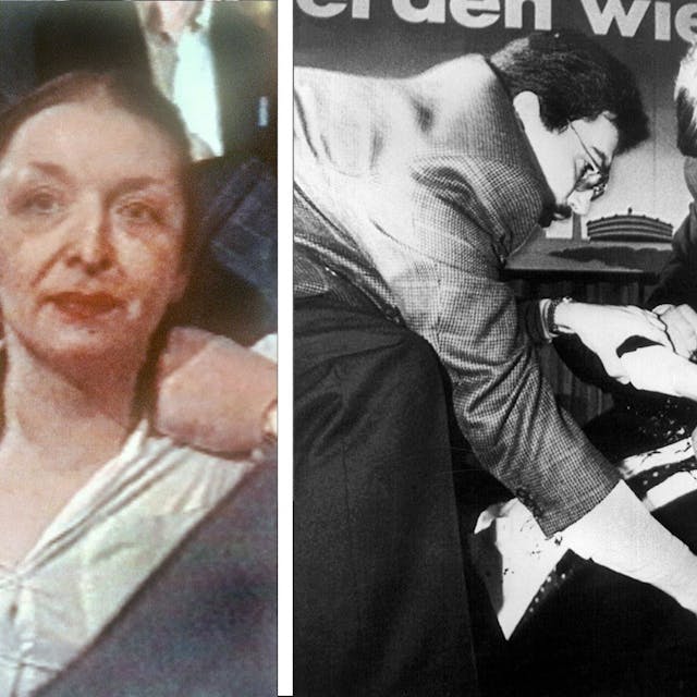 Attentäterin Adelheid Streidel bei ihrer Festnahme nach dem Attentat auf Oskar Lafontaine (r.), der nach dem Anschlag im April 1990 mit einer Stichwunde im Hals zu Boden gestürzt ist. Zwei Ordner versuchen zu helfen