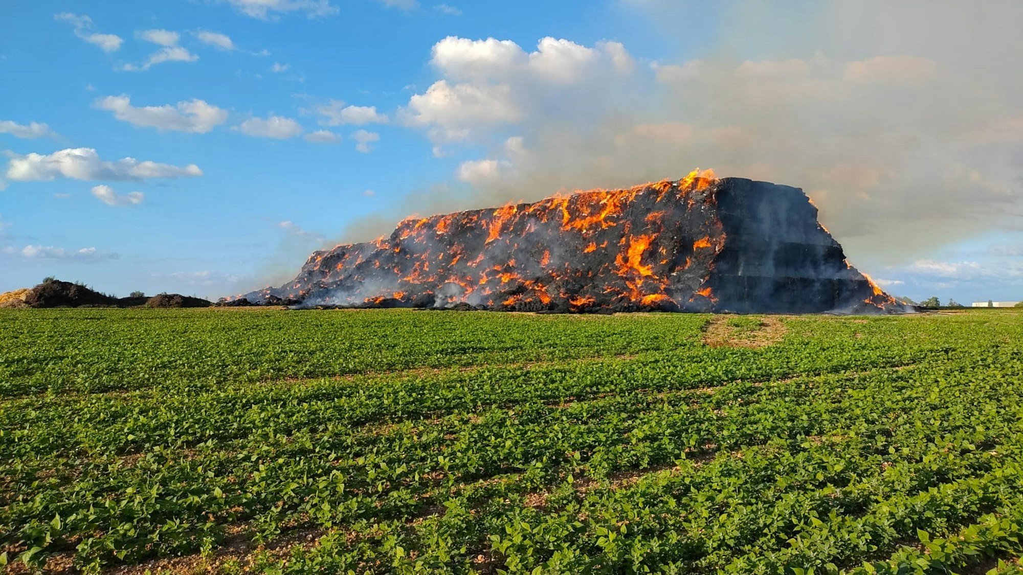 Das Bild zeigt die brennende Strohmiete auf einem Feld bei Kessenich am Sonntagabend.