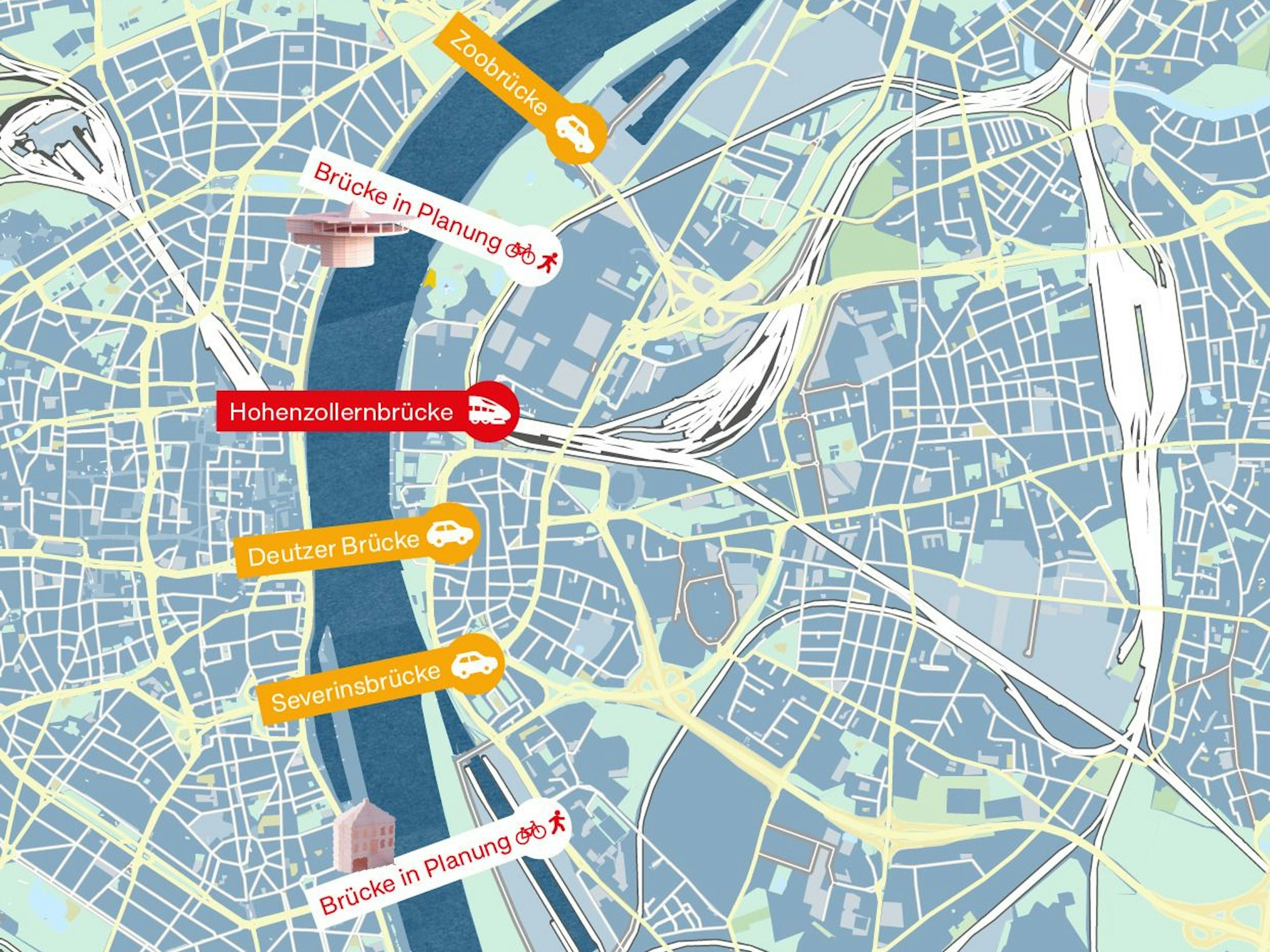Darstellung der Rheinbrücken in Köln. Zwei neue sollen dazu kommen.