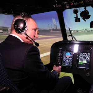 March 14, 2023, Ulan-Ude, Buryatia, Russia: Russian President Vladimir Putin flies a Mi-171A2 helicopter simulator at the training centre for the Ulan-Ude Aviation Plant, March 14, 2023 in Ulan-Ude, Buryatia, Russia. Ulan-Ude Russia - ZUMAp138 20230314_zaa_p138_016 Copyright: xMikhailxMetzel/KremlinxPoolx