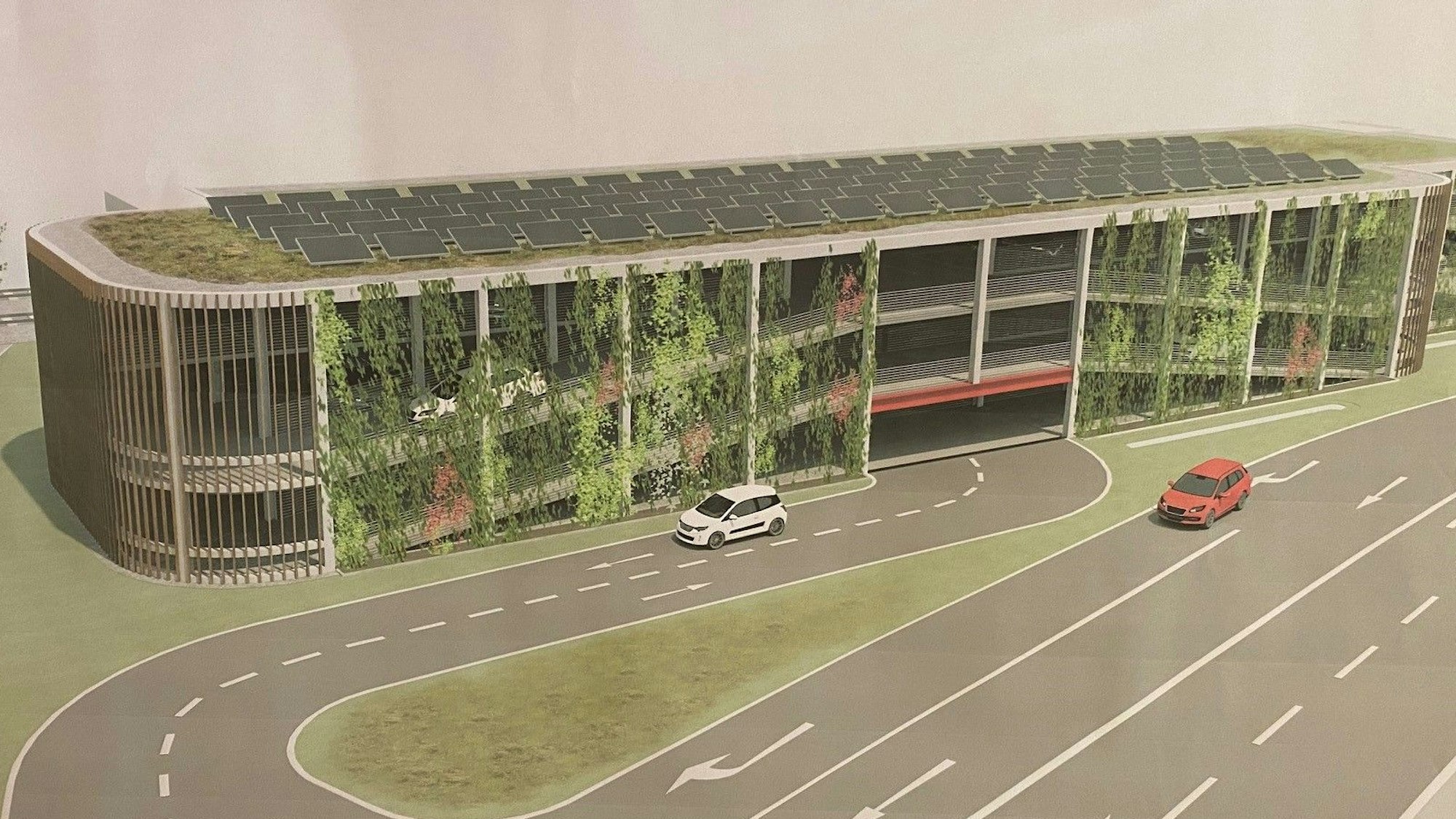 Die Visualisierung zeigt ein Parkhaus mit drei Ebenen. Auf dem Dach sind Photovoltaik-Module angebracht.