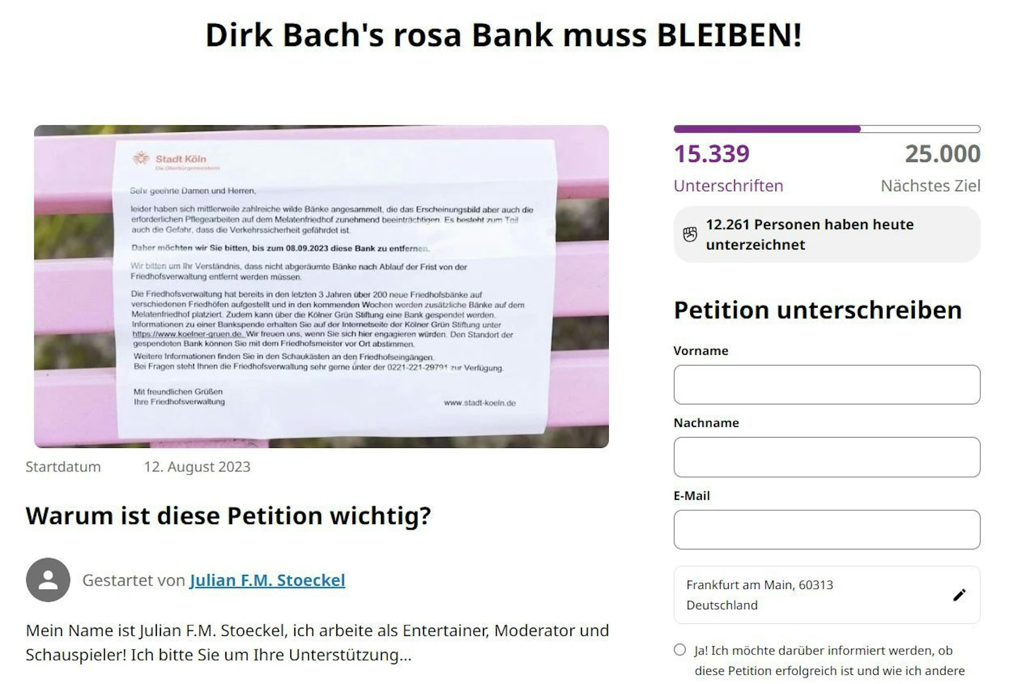 Screenshot einer Petition für die rosa Bank von Dirk Bach.